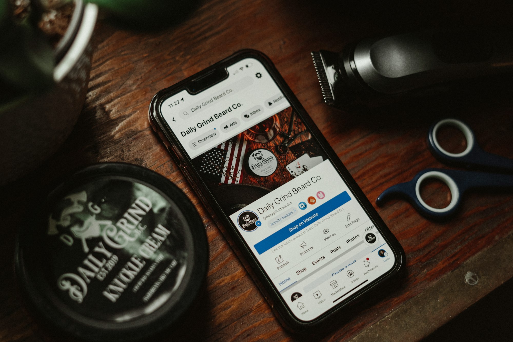 Product photo of Knuckle Cream Beard Balm and social media for Daily Grind Beard Co's facebook page. Product Photography by Lance Reis.