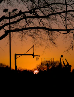 A sunset silhouette of young athletes shooting hoops together, embodying teamwork and hope.