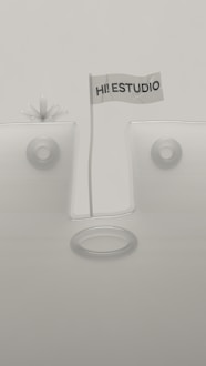 A minimalistic design featuring geometric shapes with a flag in the center that reads 'HI! ESTUDIO'. The background and objects are in muted tones, and the composition is symmetrical with circular elements.