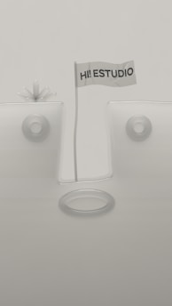 A minimalistic design featuring geometric shapes with a flag in the center that reads 'HI! ESTUDIO'. The background and objects are in muted tones, and the composition is symmetrical with circular elements.