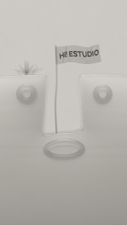 A minimalistic design featuring geometric shapes with a flag in the center that reads 'HI! ESTUDIO'. The background and objects are in muted tones, and the composition is symmetrical with circular elements.