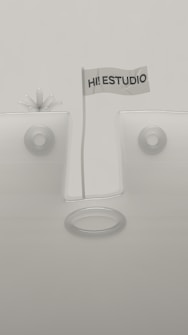 A minimalistic design featuring geometric shapes with a flag in the center that reads 'HI! ESTUDIO'. The background and objects are in muted tones, and the composition is symmetrical with circular elements.