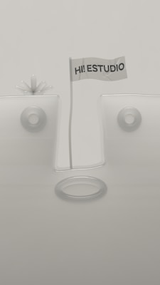 A minimalistic design featuring geometric shapes with a flag in the center that reads 'HI! ESTUDIO'. The background and objects are in muted tones, and the composition is symmetrical with circular elements.