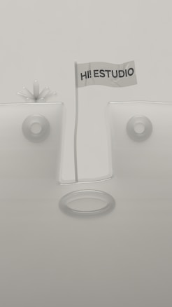 A minimalistic design featuring geometric shapes with a flag in the center that reads 'HI! ESTUDIO'. The background and objects are in muted tones, and the composition is symmetrical with circular elements.