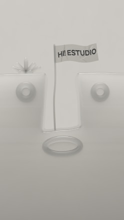 A minimalistic design featuring geometric shapes with a flag in the center that reads 'HI! ESTUDIO'. The background and objects are in muted tones, and the composition is symmetrical with circular elements.