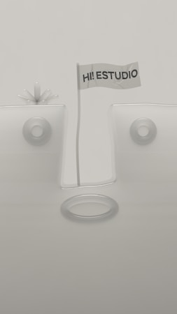 A minimalistic design featuring geometric shapes with a flag in the center that reads 'HI! ESTUDIO'. The background and objects are in muted tones, and the composition is symmetrical with circular elements.