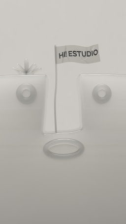 A minimalistic design featuring geometric shapes with a flag in the center that reads 'HI! ESTUDIO'. The background and objects are in muted tones, and the composition is symmetrical with circular elements.