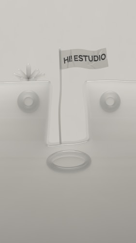 A minimalistic design featuring geometric shapes with a flag in the center that reads 'HI! ESTUDIO'. The background and objects are in muted tones, and the composition is symmetrical with circular elements.