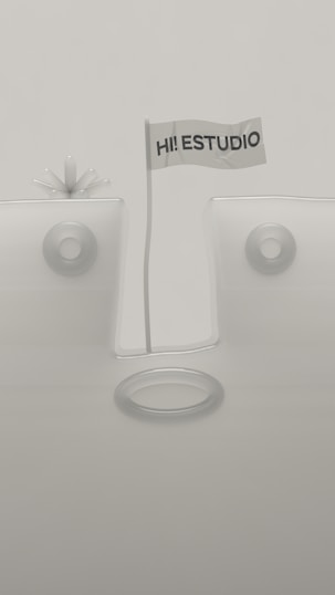 A minimalistic design featuring geometric shapes with a flag in the center that reads 'HI! ESTUDIO'. The background and objects are in muted tones, and the composition is symmetrical with circular elements.