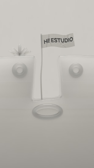 A minimalistic design featuring geometric shapes with a flag in the center that reads 'HI! ESTUDIO'. The background and objects are in muted tones, and the composition is symmetrical with circular elements.