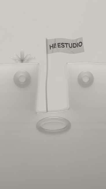 A minimalistic design featuring geometric shapes with a flag in the center that reads 'HI! ESTUDIO'. The background and objects are in muted tones, and the composition is symmetrical with circular elements.