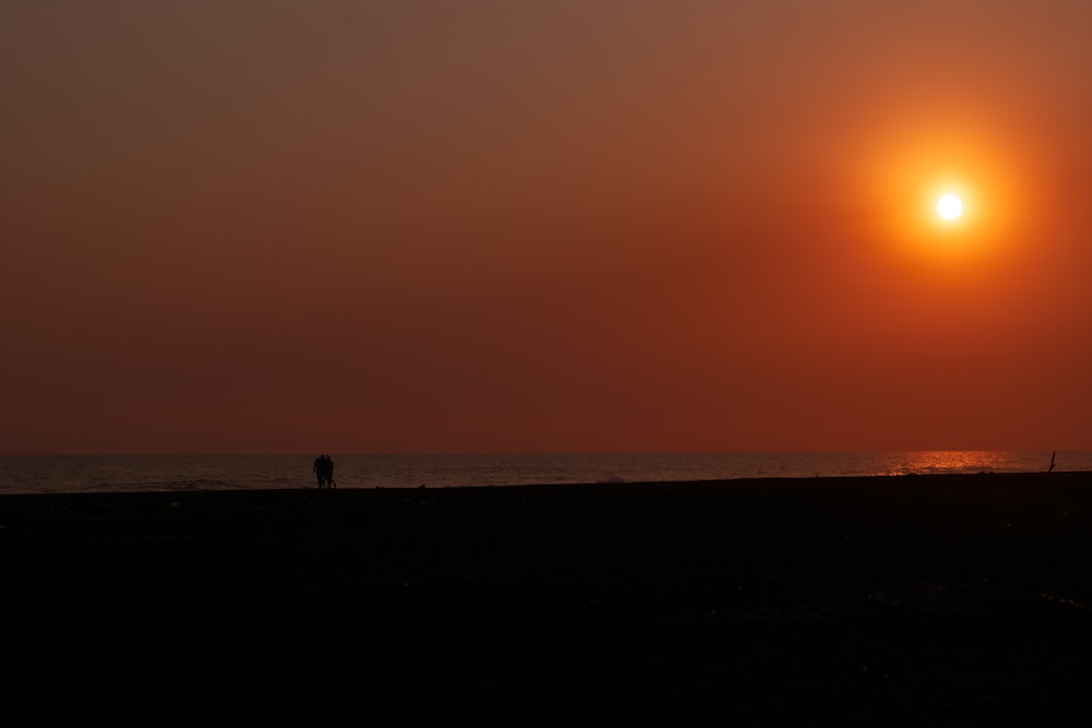 a couple of people standing on top of a beach under a sunset