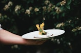 A person holds a white plate with a gourmet dish, featuring artistic presentation. The dish includes elements like herbs, croutons, and an intricate garnish, surrounded by a blurred natural background of green leaves and small flowers.