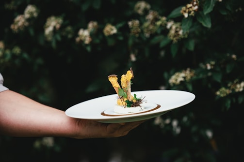 A person holds a white plate with a gourmet dish, featuring artistic presentation. The dish includes elements like herbs, croutons, and an intricate garnish, surrounded by a blurred natural background of green leaves and small flowers.