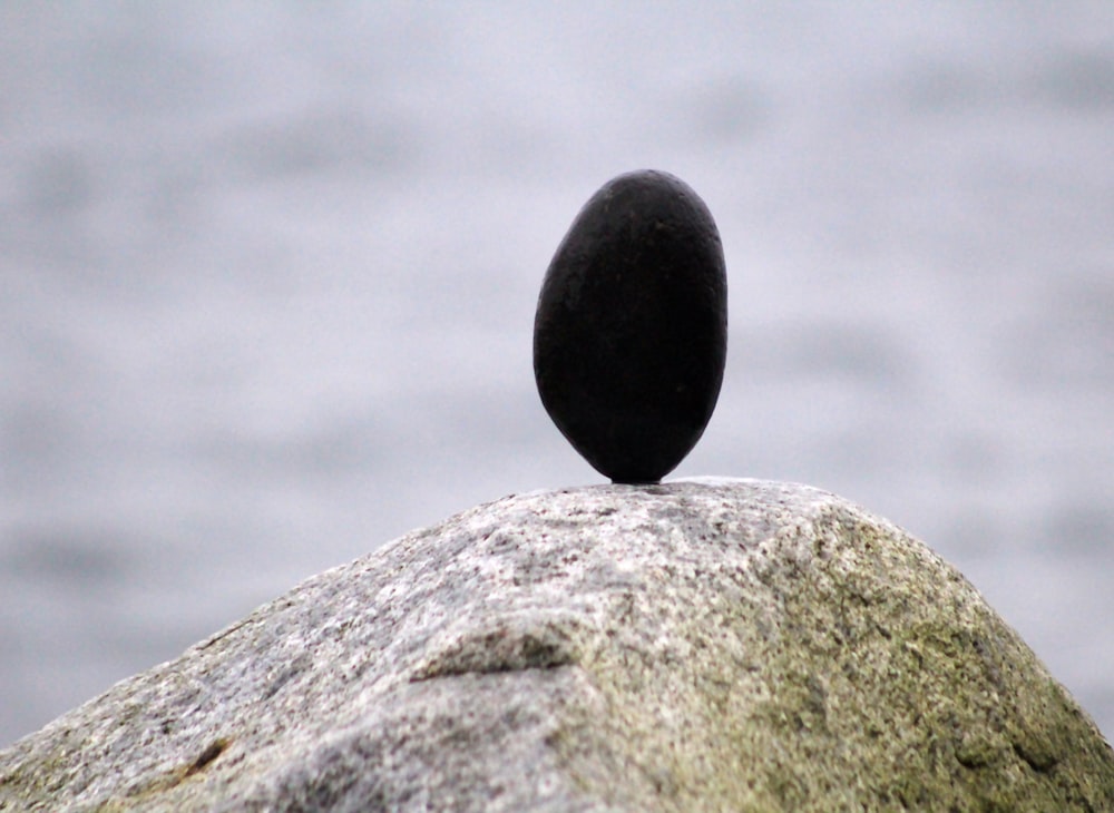a black rock sitting on top of a body of water