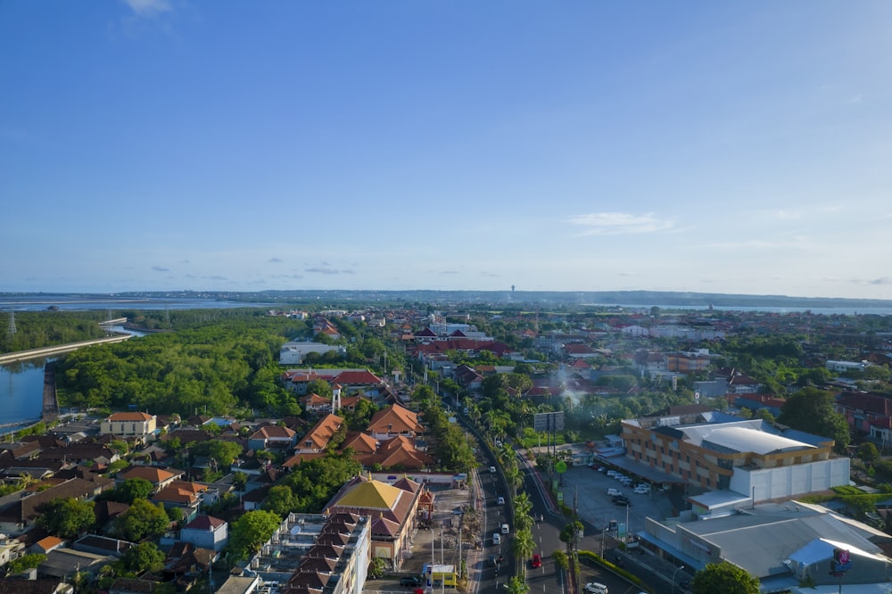 an aerial view of a city with a river running through it