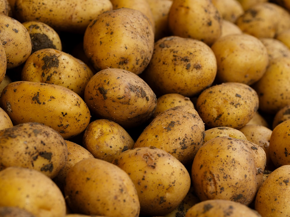 a pile of potatoes with dirt on them