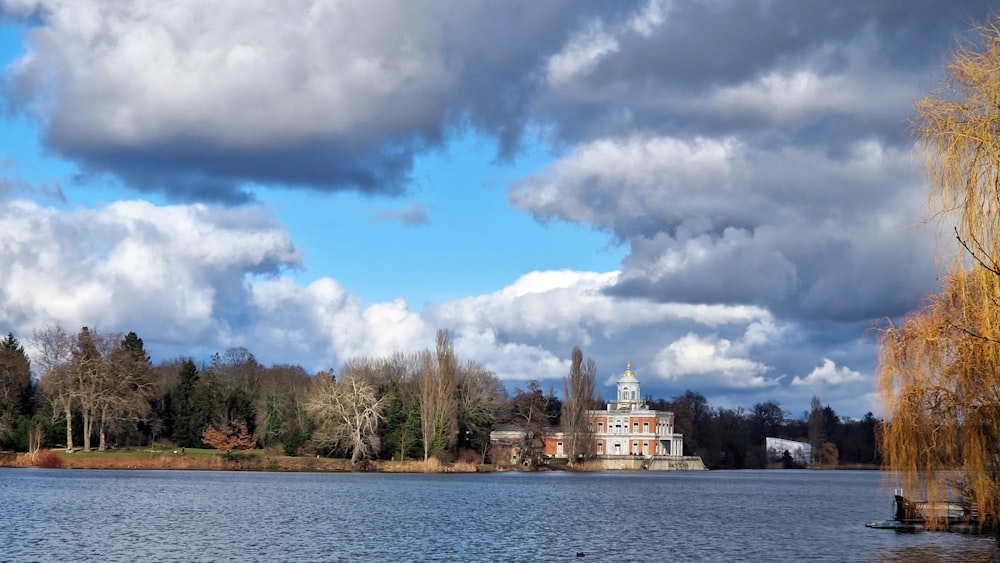 a large body of water surrounded by trees