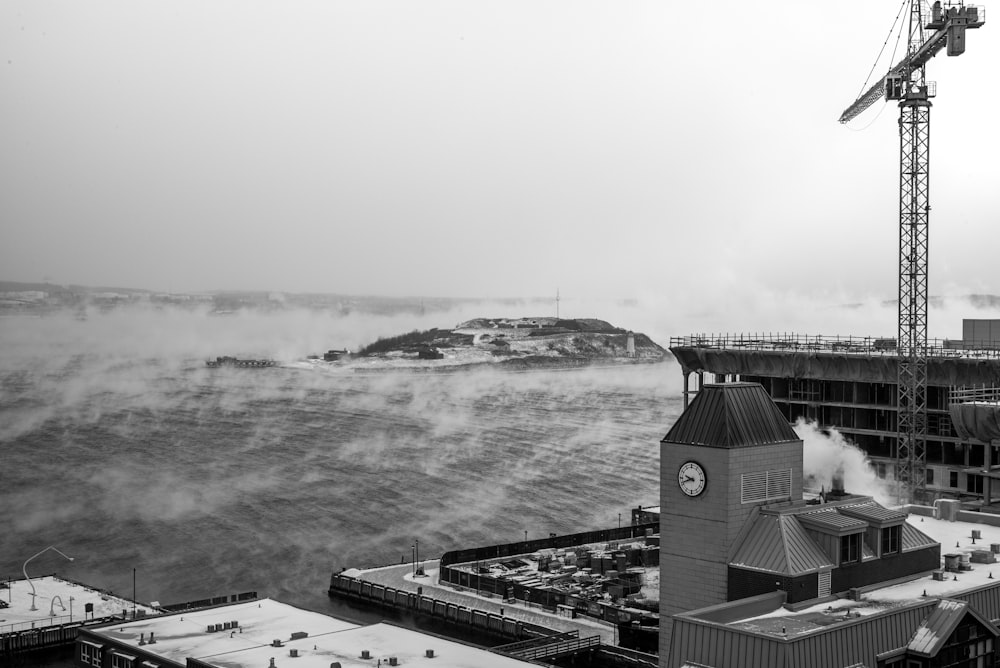 a black and white photo of a large body of water