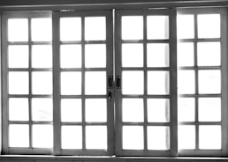 A set of white-framed sliding glass doors with multiple square panes, allowing bright light to pass through, creating a high contrast between the dark frame and the bright background.