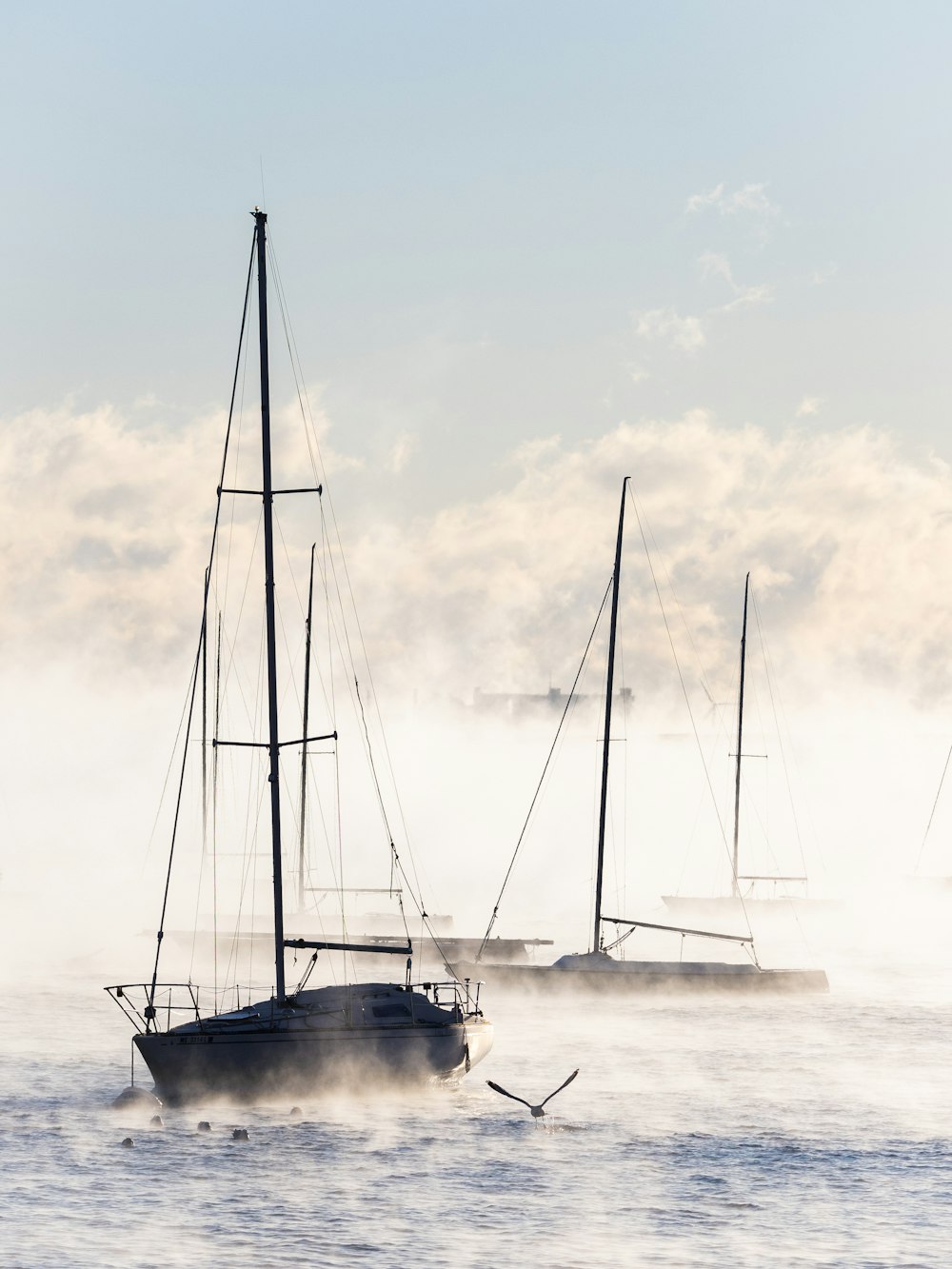 a group of boats floating on top of a body of water