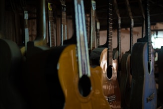 A row of guitars hanging on a wooden wall inside a warmly lit store