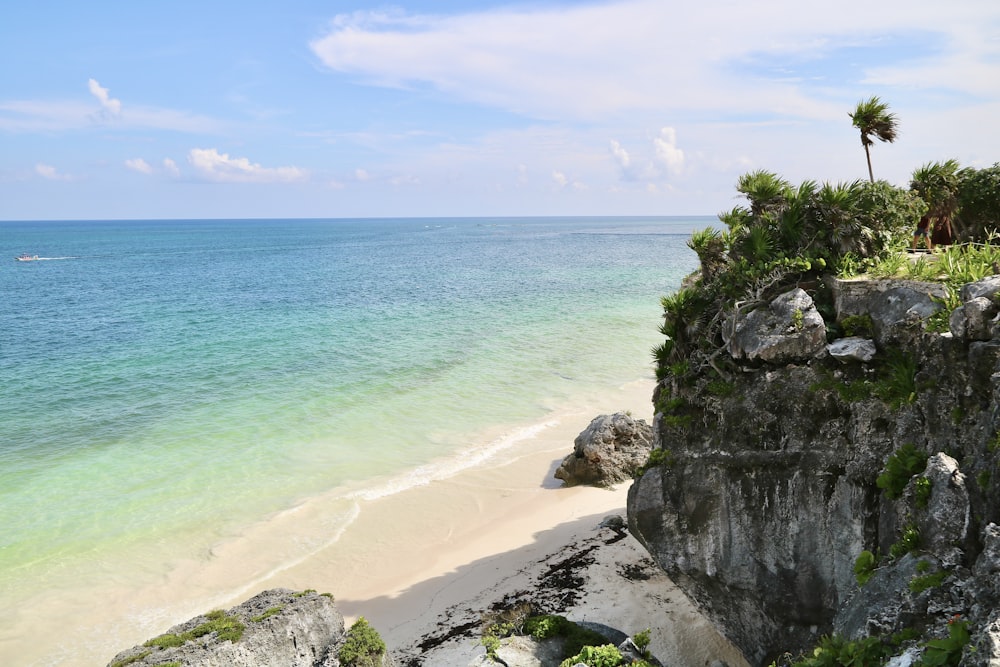 a view of a beach from a cliff