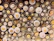 Close-up of colorful sewing buttons neatly arranged on a wooden table.