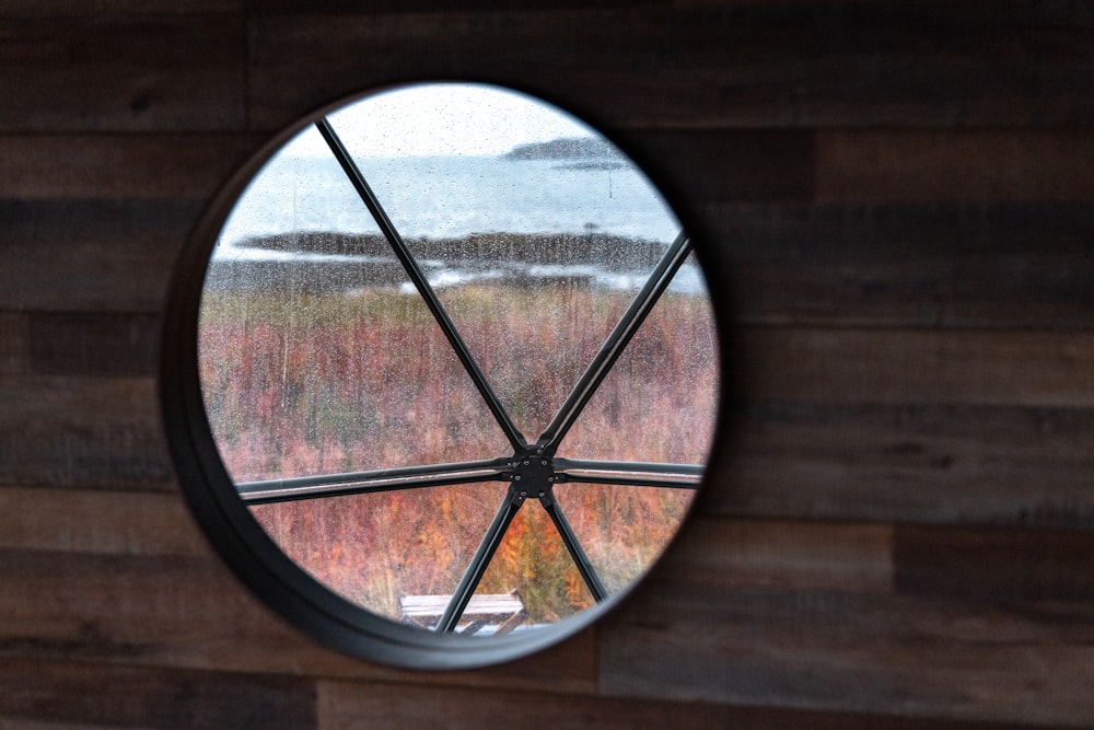 a round mirror on a wooden wall with a view of a marsh