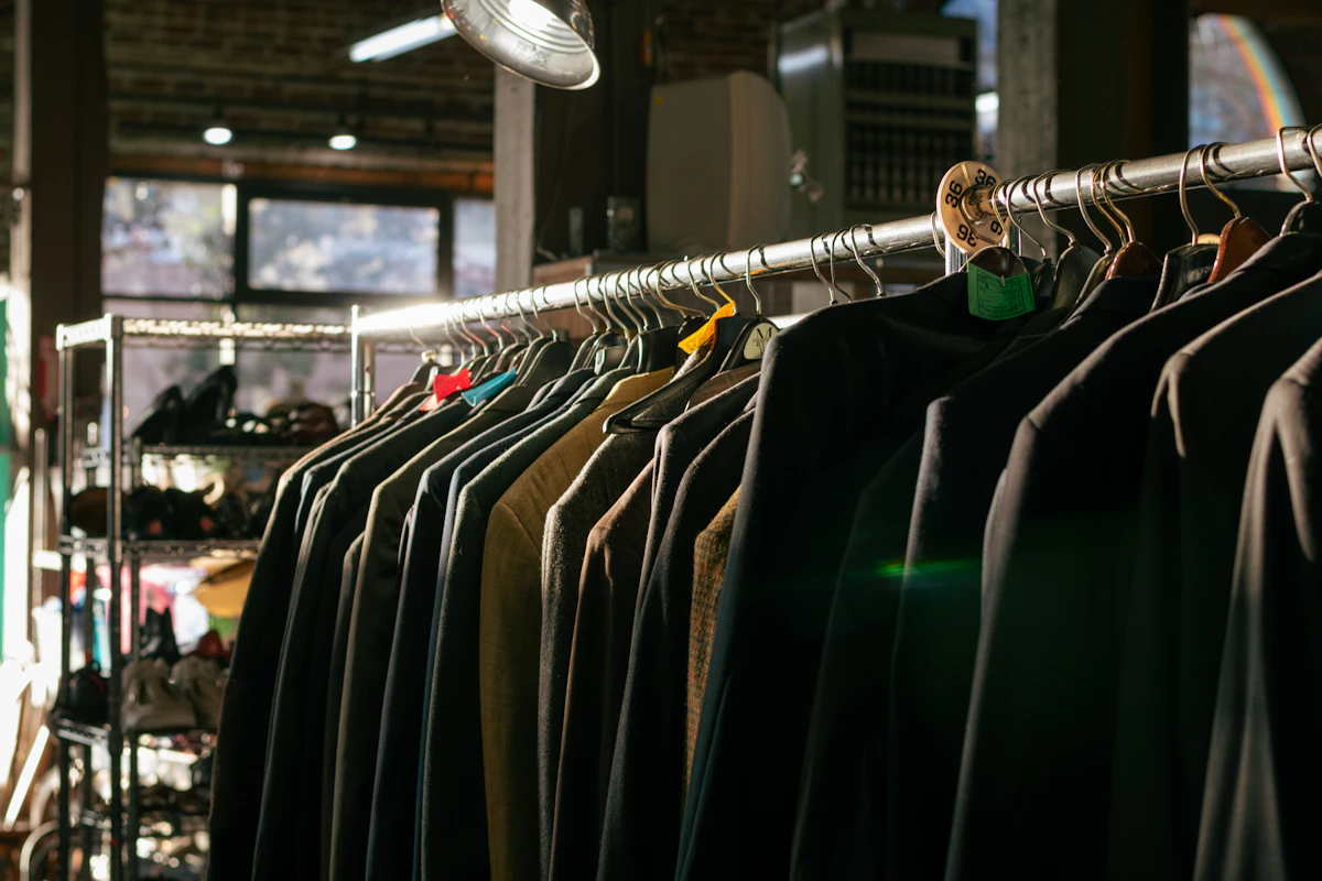 Modern thrift clothing store interior with rack of curated vintage jackets, exposed brick wall and warm window light