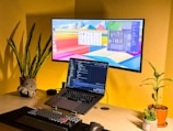 A cozy home office setup with a laptop on a stand displaying code on the screen, accompanied by an external monitor showing colorful graphics. The background is a warm yellow wall, and the desk features a keyboard, a black mouse pad, and two potted plants. A small plush toy is also present beside the plants, contributing to a relaxed atmosphere.