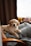 A golden retriever puppy is lying comfortably on a gray, patterned blanket draped over a chair. In the background, a window sill holds a yellow house-shaped decoration and two mugs.