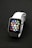 A sleek smartwatch with a silver case and a white band, featuring a vibrant display showing various app icons against a dark background.