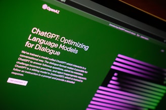 A display screen shows information about ChatGPT, a language model for dialogue optimization. The text includes details on how the model is used in conversational contexts. The background is primarily green, with pink and purple graphic lines on the right side. The OpenAI logo is positioned at the top left.