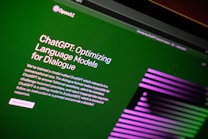 A display screen shows information about ChatGPT, a language model for dialogue optimization. The text includes details on how the model is used in conversational contexts. The background is primarily green, with pink and purple graphic lines on the right side. The OpenAI logo is positioned at the top left.
