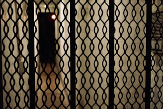 Close-up of a sleek custom metal gate with sharp, clean lines and a brushed steel finish under soft lighting.