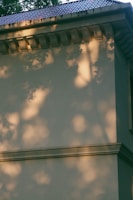 The image shows a portion of the exterior of a building with a tiled roof. The wall is light-colored, and there are shadows of tree branches and leaves cast on it. The top of the wall features architectural details such as corbels or brackets.