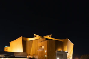 A sleek modern black-and-gold architectural facade illuminated at dusk