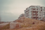 Modern apartment buildings with multiple stories and balconies are situated on a slightly elevated, grassy terrain. The buildings feature large glass windows and a clean architectural design. In the foreground, there are concrete blocks and dry grass, extending into a dirt path that leads towards a less distinct background.