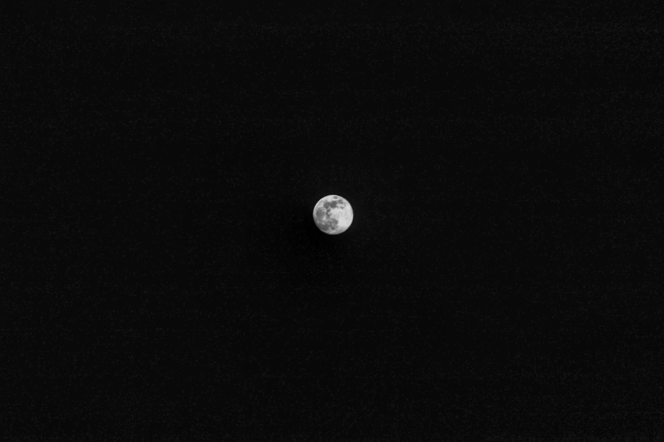Close-up view of full moon from low angle, central to left, against dark background