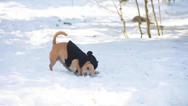 A joyful dog in a bright, stylish jacket playing in a sunny garden.