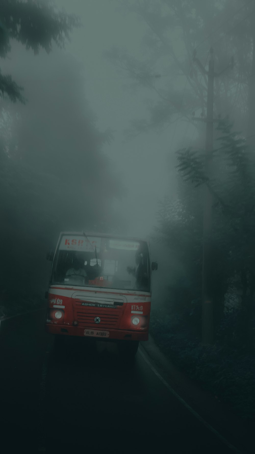 a red bus driving down a foggy road