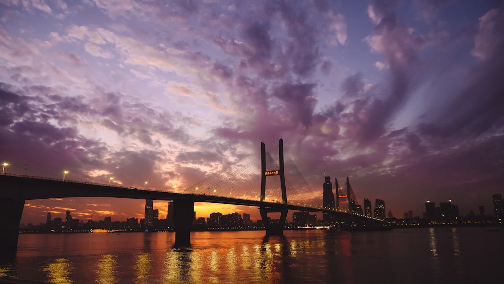 a bridge over a body of water with a city in the background