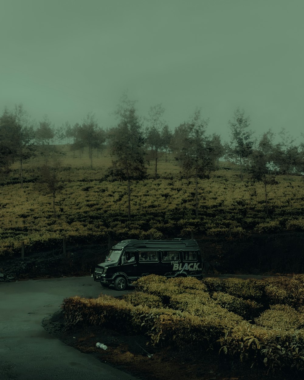 a van is parked in a grassy field