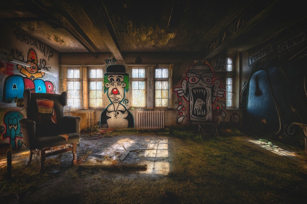 a room with a lot of graffiti on the walls