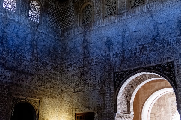 The image depicts an intricately designed interior wall featuring detailed geometric and floral patterns. The wall is illuminated by natural light filtering through ornate windows, casting shadows on the surface. An arched doorway leads to a sunlit area beyond, adding contrast to the darker interior.