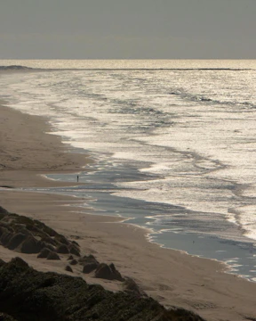 Quiet, empty beach under soft overcast skies with gentle waves.