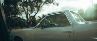 A classic car parked under a tree during a sunny day.