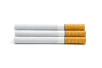 Three cigarettes aligned horizontally, each with a white paper body and a brown filter tip, displayed against a plain white background.