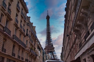 Elegant Parisian street view with the Eiffel Tower in the background at dusk.